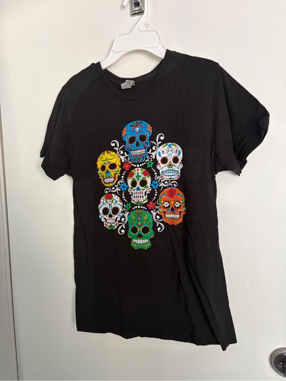 Black T-Shirt with Colorful Sugar Skull Graphic